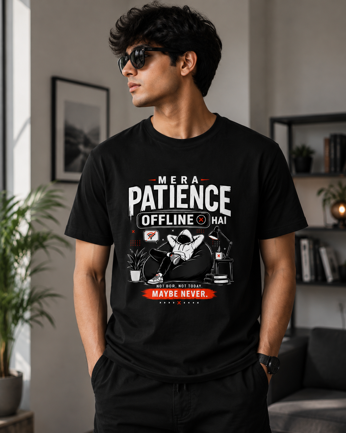 Mera Patience Offline Hai  Black T-shirt Front Design